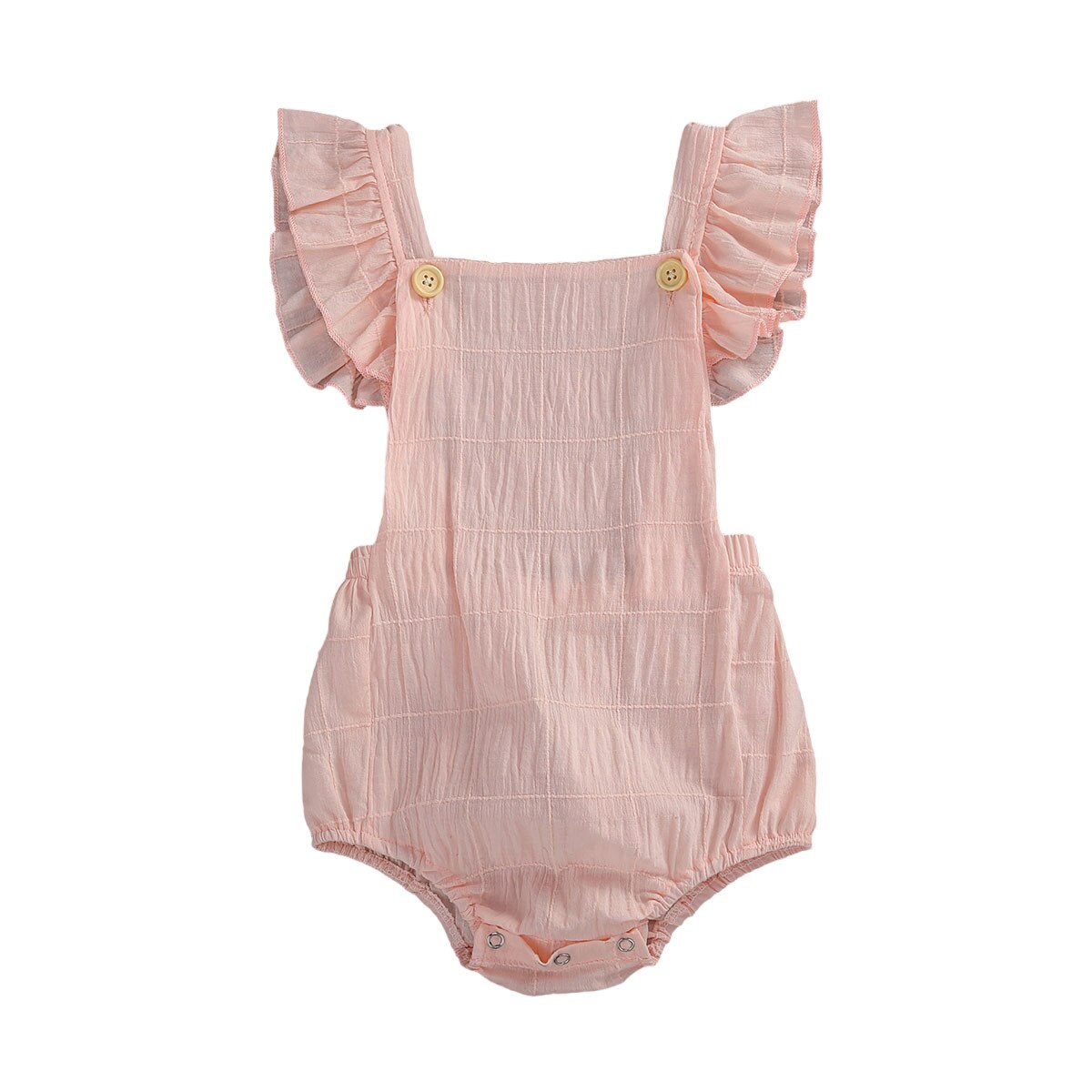 Baby meisjes romper van katoen linnen effen ruches mouw rechthoekige hals zijkant grote zakken outfit geplooide knoopsluiting jumpsuit: Roze / 6m