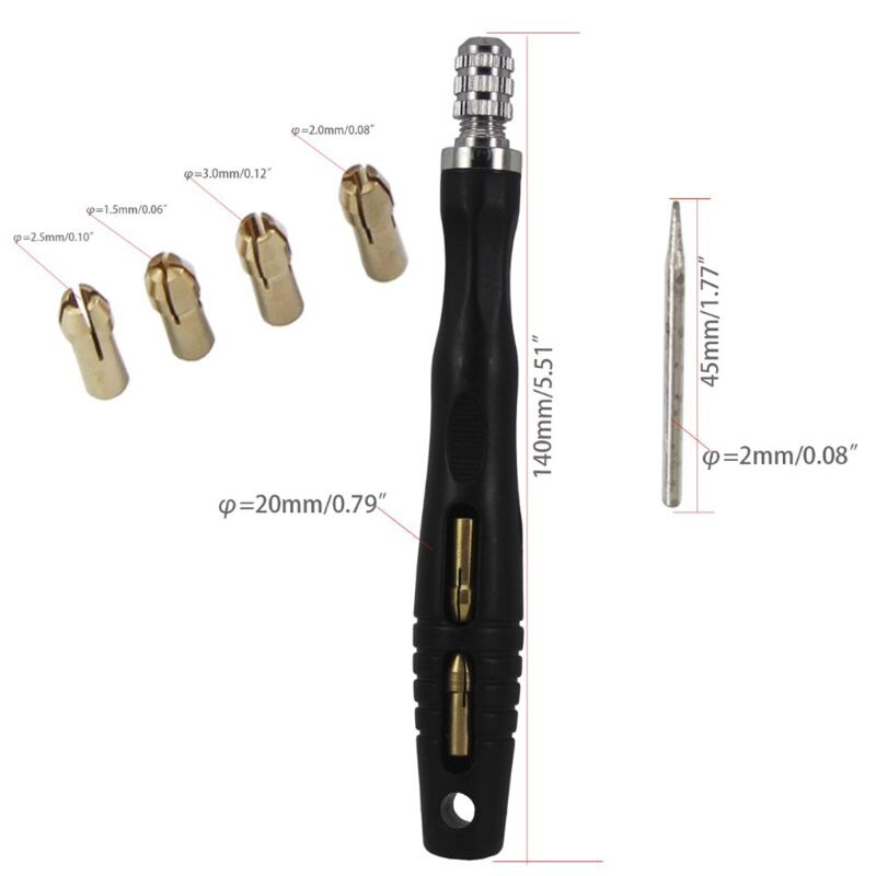 Multipurpose Needle File Handle Kit With 4 Brass Chucks For Hand Hobby Metal Glass Stone Wood Carving: Black