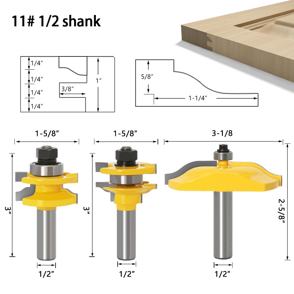 3pcs 1/2" Shank Rail & Stile Ogee Blade Cutter Panel Raised Cabinet Router Bit Set Door Tenon Woodworking Tools: NO11 12.7mm shank