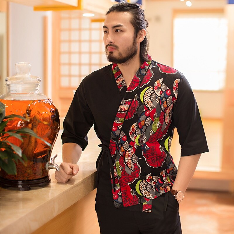 Unisex japansk stil sushi kokken uniform køkken kok tøj kimono blomster sushi kostume japansk restaurant uniformer  ta1912
