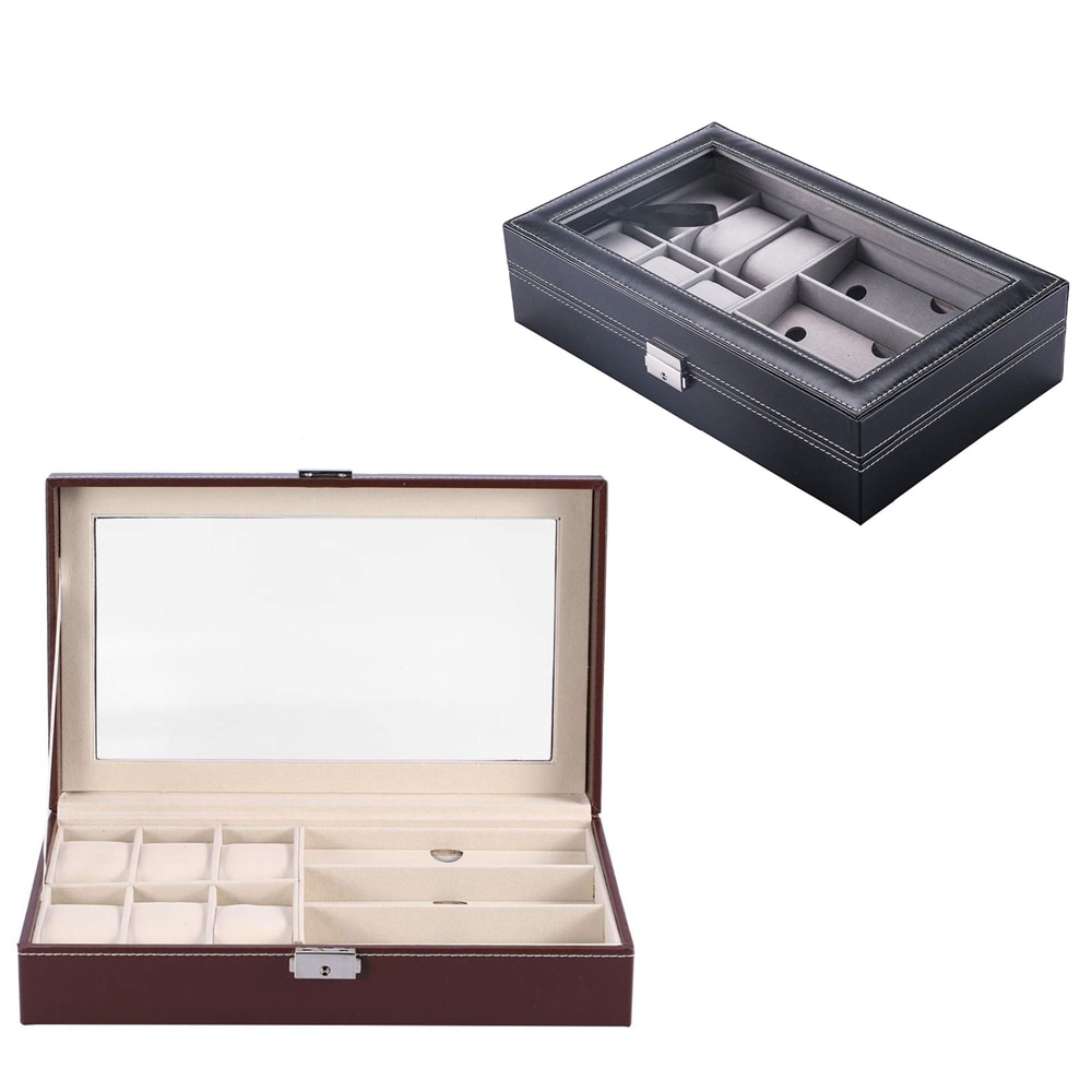 SZanbana Men & Women 9 Slots Display Watch Storage Colleciton Box with 6 Piece Watch Case and 3 Piece Eyeglasses Plus Locker