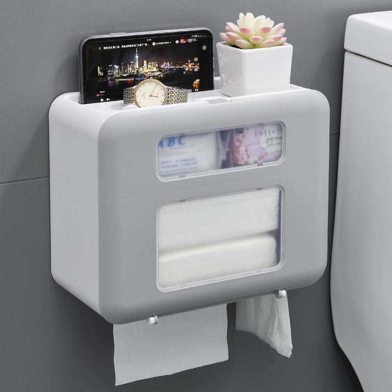 4 Color Double Layer Toilet Paper Holder Toilet Tissue Box Wall Mount Multifunction Waterproof Bathroom Storag Durable Home: Gray