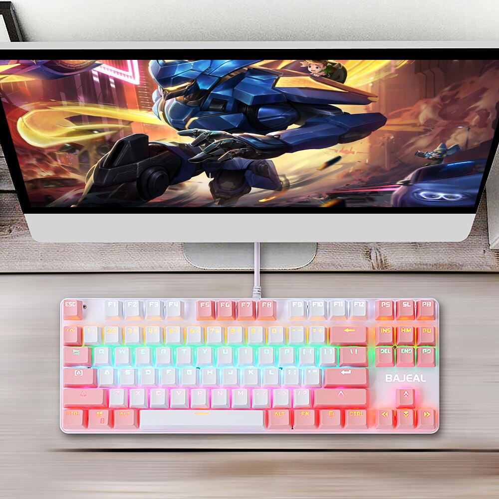 BAJEAL K100 87 Keys Wired Gaming Mechanical Keyboard Mixed Light Mechanical Keyboard with Blue Switch Suspension Button For PC