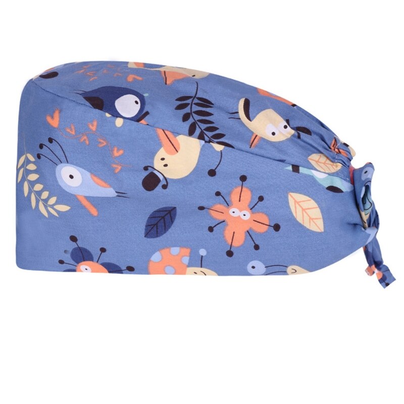 Dokter verpleegkundige katoenen werkmuts met zweetband verstelbare strik op de rug schattig cartoon dierenpatroon kalebasvormige bouffant scrub hoed h: -j