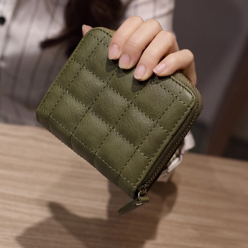 PU Leather Women Wallets Women Plaid Short Wallet Frosted Card Holder Wallet Woman Small Zip Wallet Coin Purse: Green