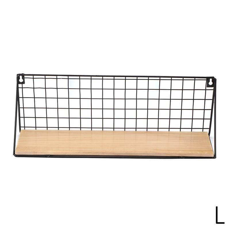 Wall Mounted Storage Rack Iron Floating Display Shelf Wire Wood Organizer Livingroom Holder Home Decorative Hanging Grid Basket: L