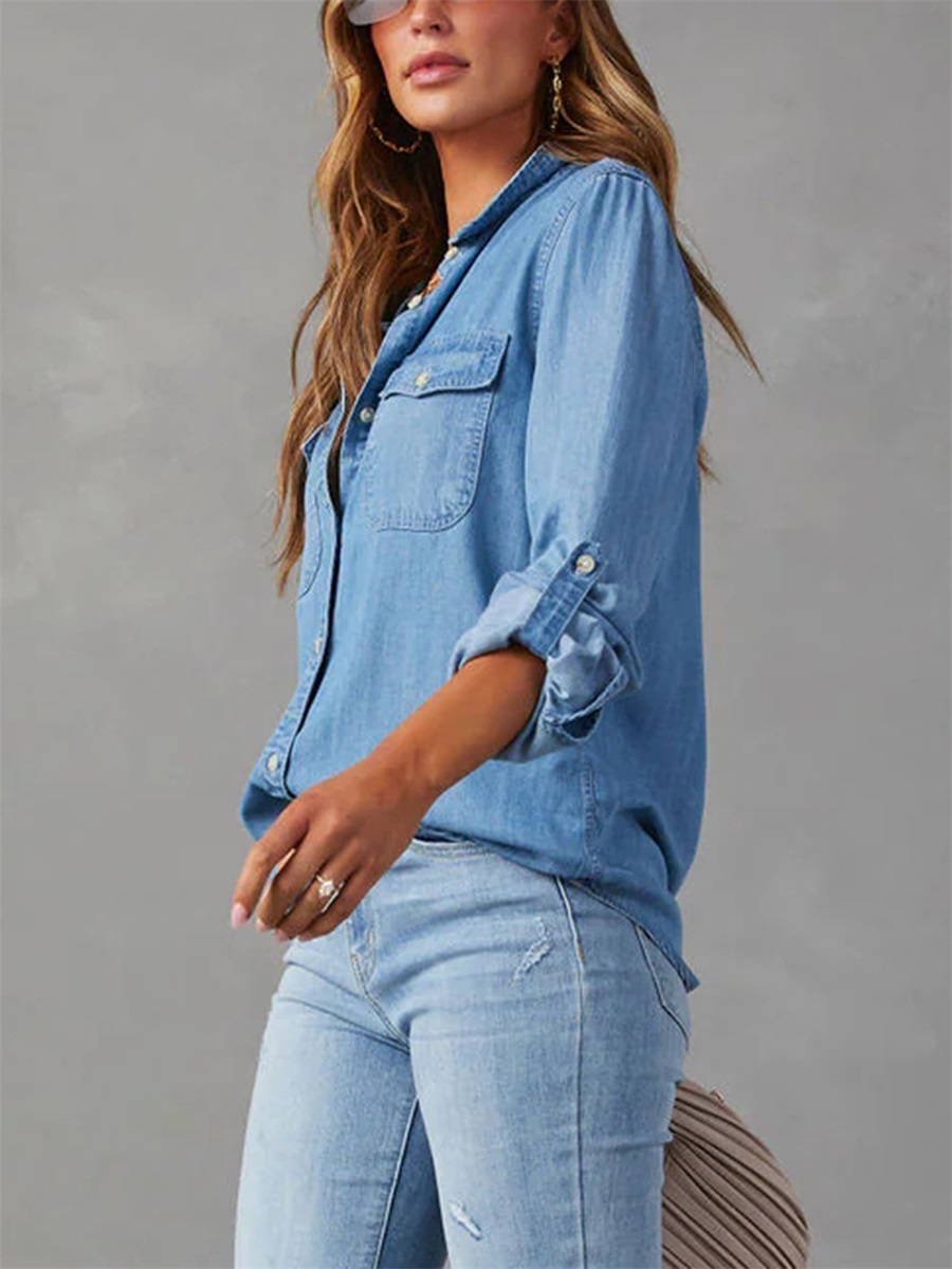 Vår lösa casual toppar kvinnor denimskjortor enfärgade nedåtgående krage långärmade jeansblusar streetwear