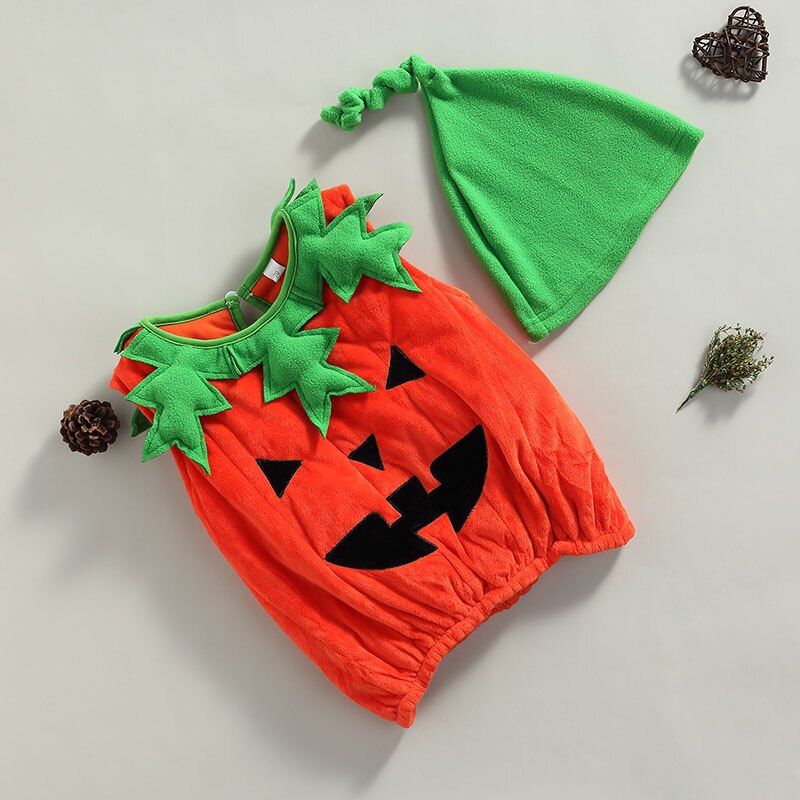 2 Stuks Baby Kleding Halloween Outfit Fluwelen Pompoen-Vormige Mouwloze Kostuum Geknoopt Hoed Pak Voor Peuter Meisjes Jongens 0-3 Jaar