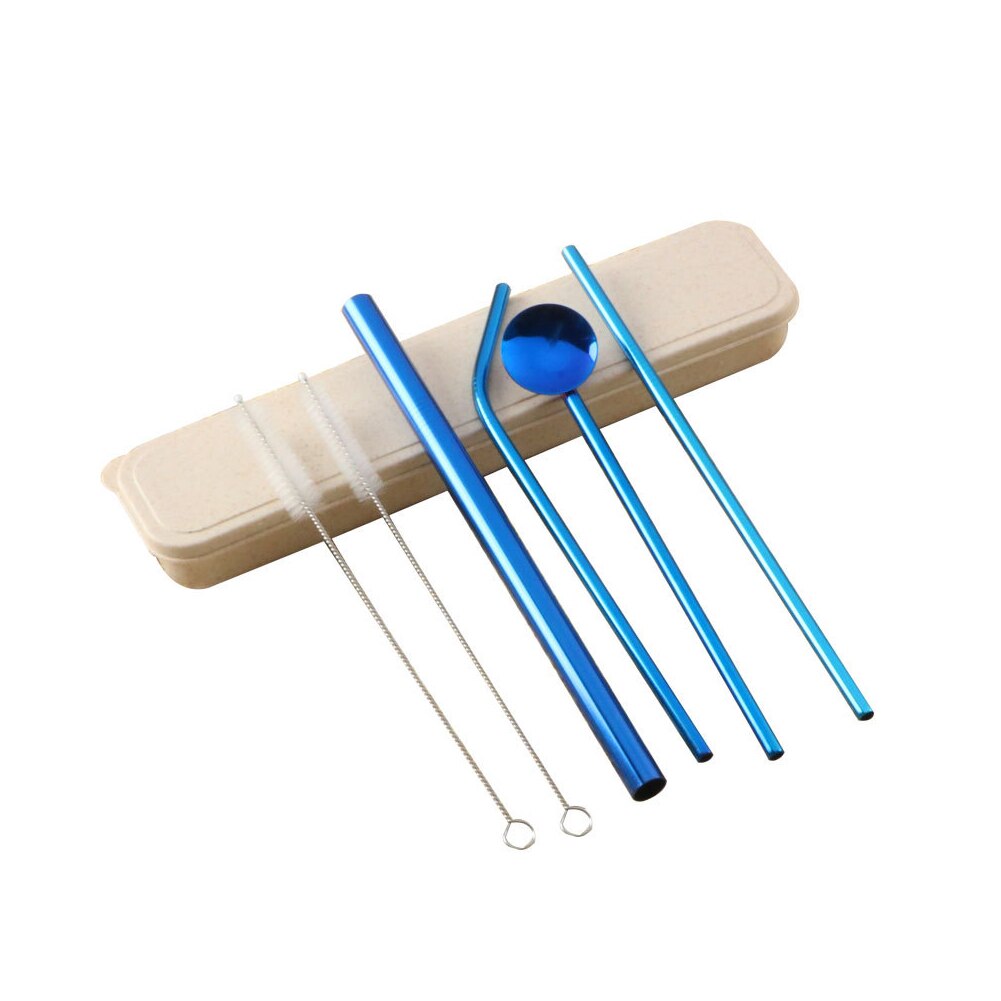 Gjenbrukbare drikkestråer av metall rustfritt stål fast bøyd rett drikkestrå med rengjøringsbørste festtilbehør: Blå
