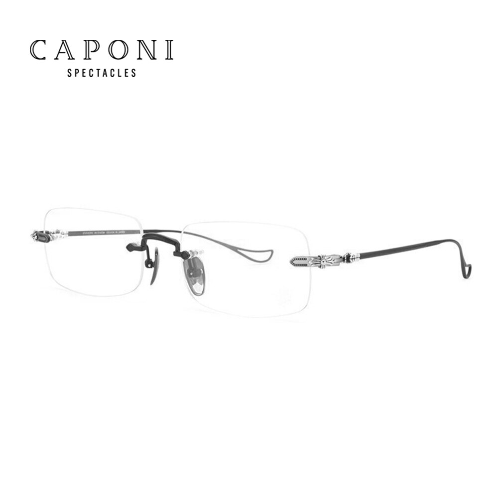 CAPONI Rimless Men Glasses Frame Titanium Business Reading Eyeglasses Support Prescription Computer Optical Clear Glasses J8099: Black frame