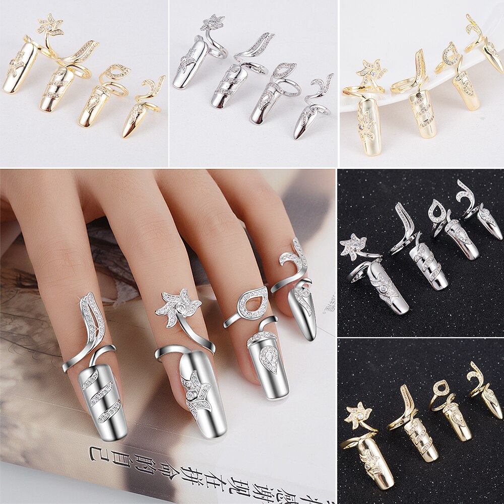 4pcs Finger Nail Ring Set Women Gold Crystal Fingernail Ring Gothic Cubic Zircon Punk Wedding Jewelry Accessories
