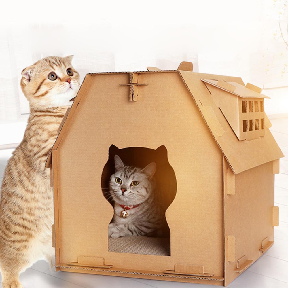 Tools Cat House Carton Box DIY Scratch Board Pet Kitten Have Small Window Indoor Self Assembly Corrugated Paper Toys Supplies