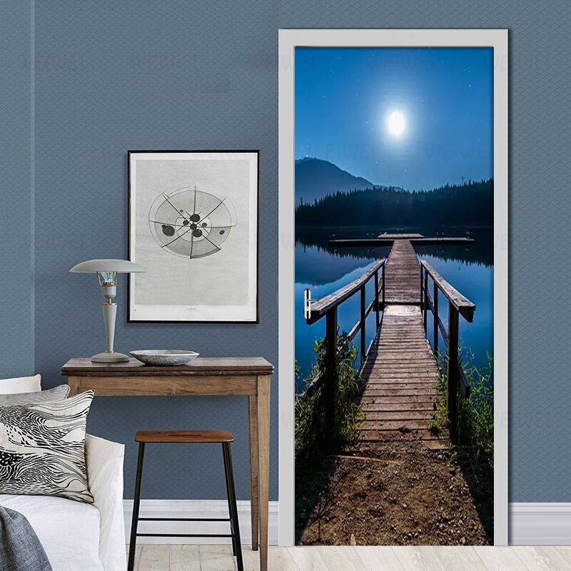 3D Wallpaper Night Lake View Wooden Bridge Mural Living Room Study Room 3D Door Sticker PVC Self Adhesive Waterproof Wall Paper