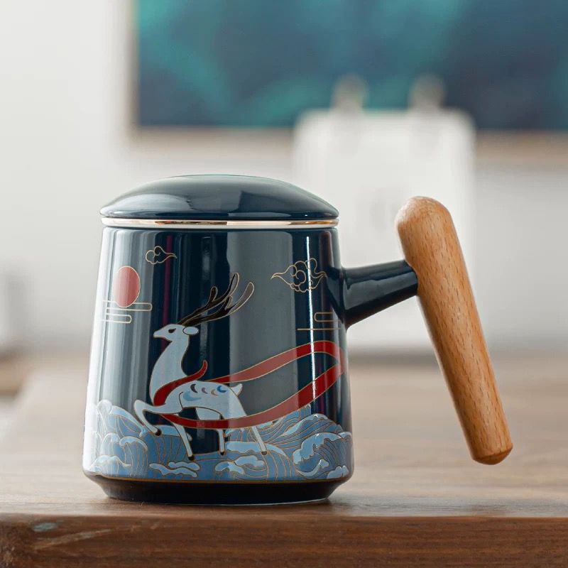 Kaffekrus keramisk te kop te adskillelse stor kapacitet filter med dæksel guofeng krus hjem par personlig kontor kop boks: 380ml 6