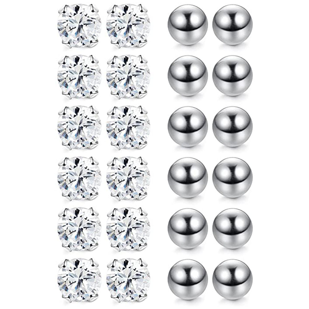 6 pares de aretes pequeños de acero inoxidable de 2 mm para hombre y mujer, aretes de bola redonda CZ, conjunto de