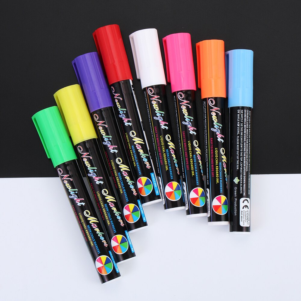 8 stk/sett neon farge flytende kritt markør penner tavle glass vindu vendbar neon penn fargerik grafisk tegning signatur penn