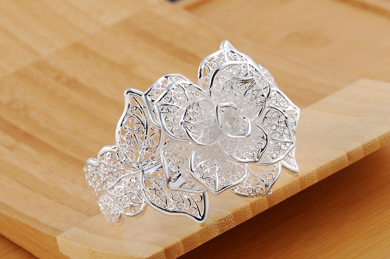 925 Sterling Zilver Fijne Grote Bloem Brede Bangle Armbanden Voor Vrouwen Verstelbare Sieraden Wedding Party