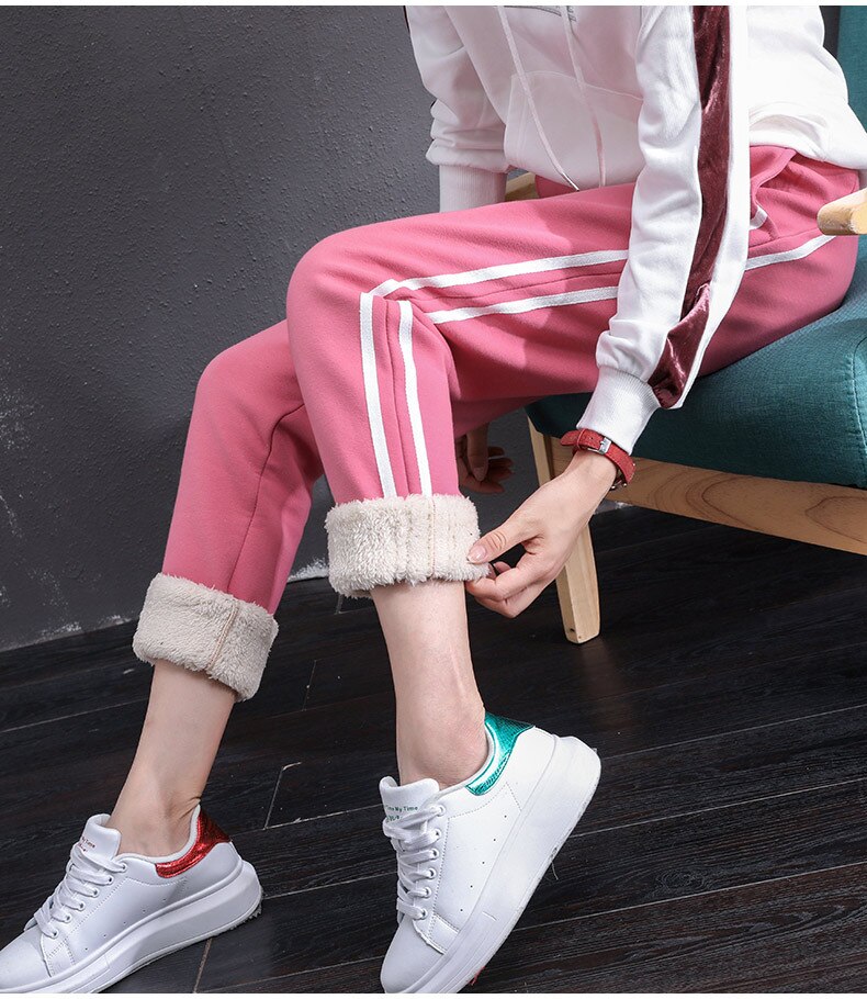Dames joggingbroek winter fleece dikte warme broek harem thermische damesbroek hardlopen joggen vrije tijd casual fitnessbroek: Roze / Ik