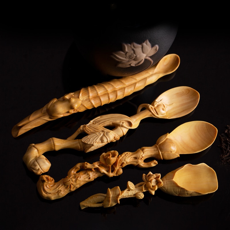 Cuchara de té Zen chino, pala de té, cuchara de té de Ceremonia de té de Kung Fu, mango de colección, estatua de madera, tallado de boj, decoración del hogar
