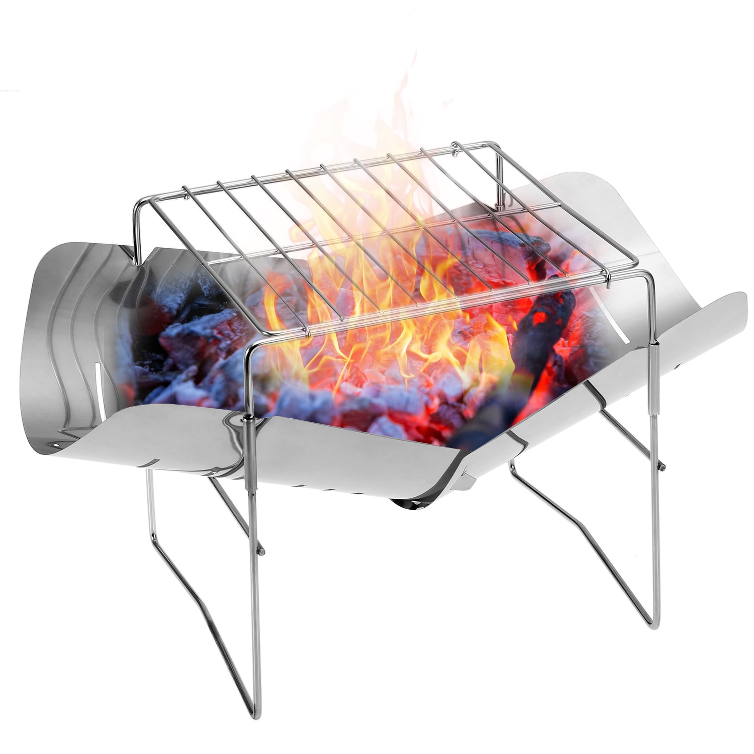 Camping Stove 2-in-1 Portable Folding Stainless Steel Barbecue Grill Camp Firepit Outdoor Camping Backpakcing Wood Burning Stove