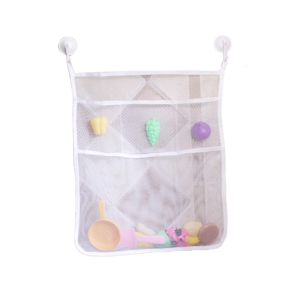 Bathroom Toys Storage Bag Powerful Suction Cup Wall Mounted Drain Mesh Four Grid Sundries Toy Organizer: White