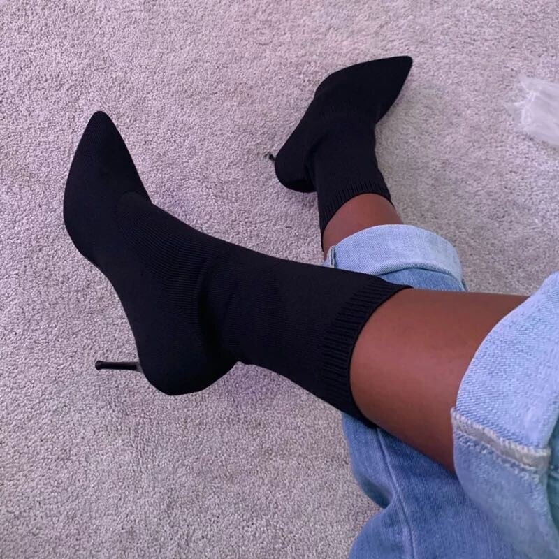 Autumn Luxury Women Black Sock Boots Dancer High Heels Stiletto Boots Winter Stretch Fabric Boots Plus Size
