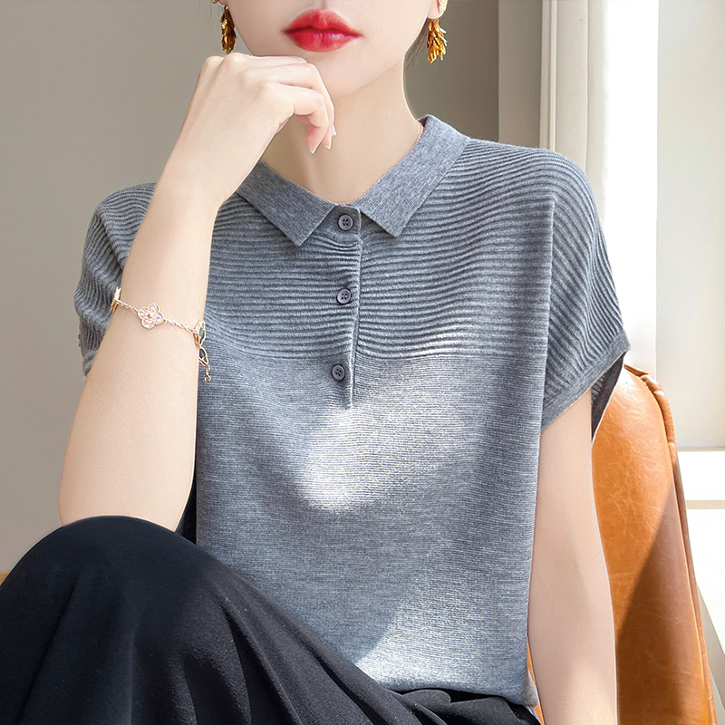 Dames T-Shirt Zomer Kammen Gebreide T-Shirts Casual Effen Trui Polokraag Blouse Met Korte Mouwen Dames Kleding Losse Tops: M / GRIJS