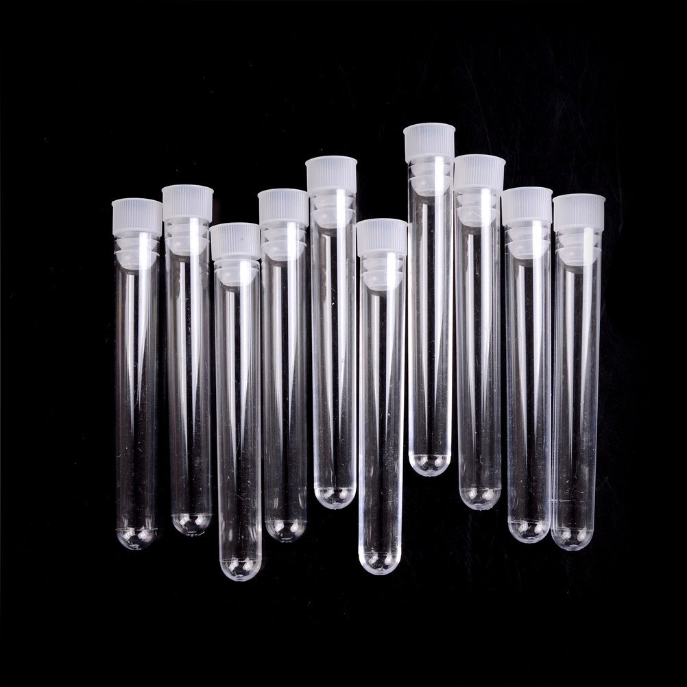 Tubos de ensayo de laboratorio transparentes de plástico, 10 unids/lote, con tapas, recipientes de muestra de Vial