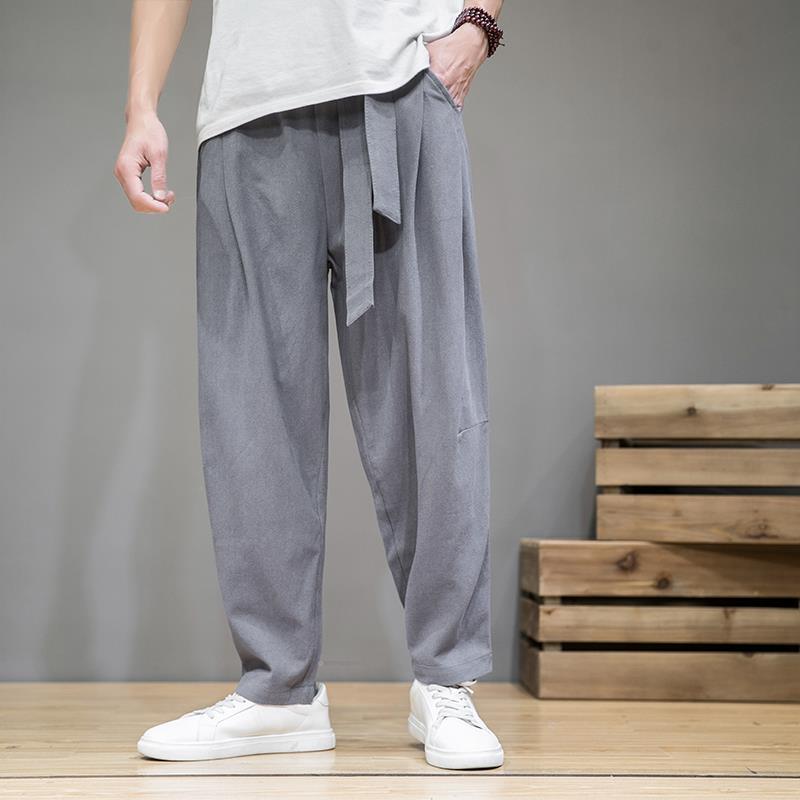 Pantalones rectos de Color sólido de estilo chino para primavera y verano, pantalones Haren cómodos con cintura elástica y bolsillos Vintage de algodón y cáñamo: L / Plata