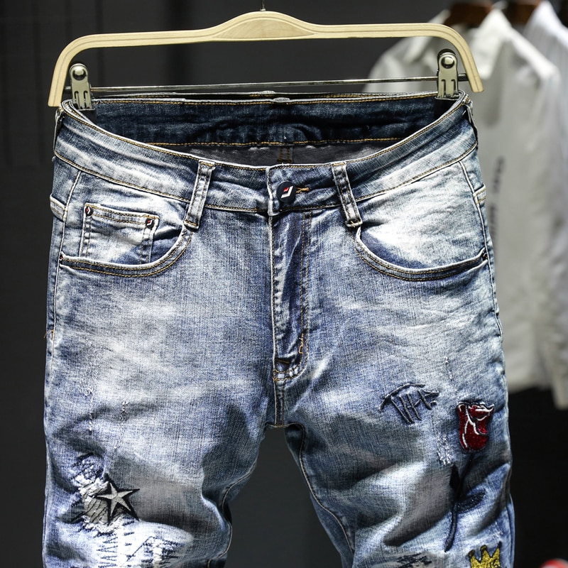 Mænd revet hip hop broderi slim fit joggers jeans afslappet streetwear mand bomuldshuller motorcykel denimbukser