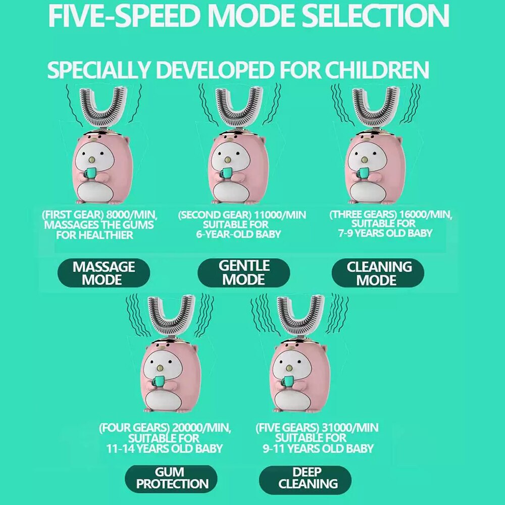 U-shaped Electric Toothbrush Kids Smart 360 Degrees Silicon Automatic Ultrasonic Teeth Tooth Brush Cartoon Pattern Children