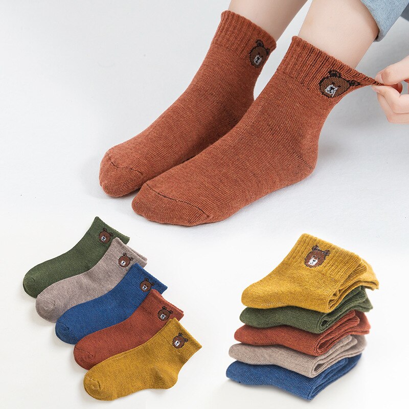 5 Paar Baby Jongens Winter Sokken Cartoon Beer Kids Ademende Lente Herfst Katoen Warm Houden Floor Anti-Slip Meisjes sokken