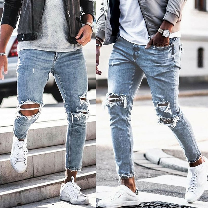 Mænd streetwear knæflækkede skinny jeans hiphop ødelagt hul ensfarvede mænds stretch denim bukser