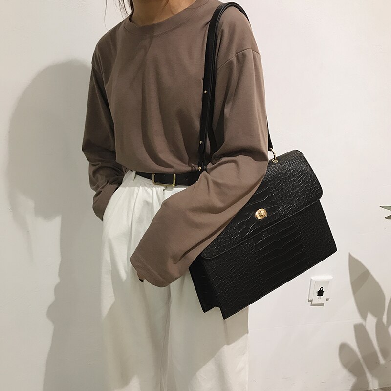 Bolso de mano de piel de cocodrilo para mujer, Bolso de hombro de negocios de mano grande con estampado de cocodrilo, bandolera de negocios