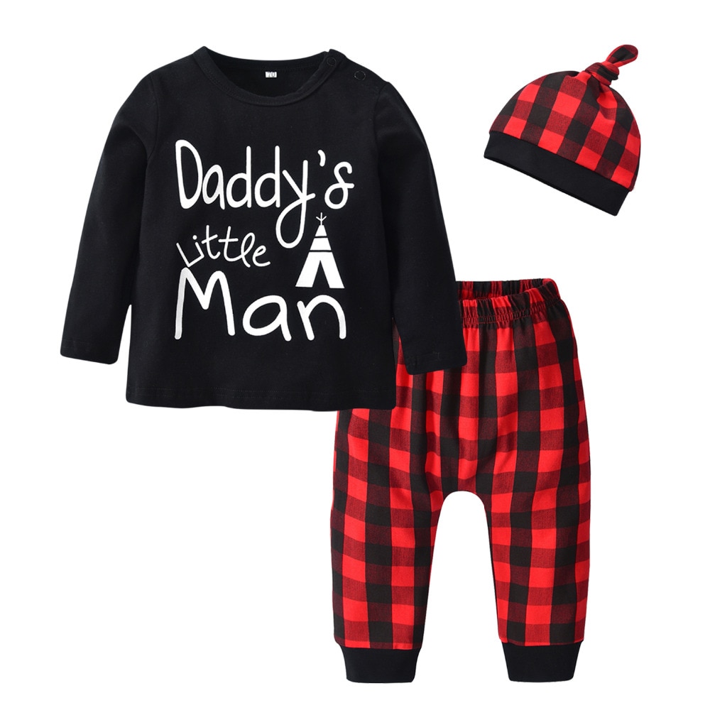 3Pcs Pasgeboren Baby Jongens Kleding Set Brief Papa 'S Kleine Man T-shirt Tops Toevallige Rode Plaid Broek En Hoed baby Peuter Kleding