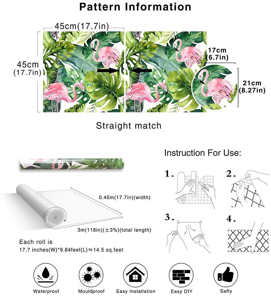 LUCKYYJ Flamingo Palm Tree Peel and Stick Wallpaper Removable Green/Pink Vinyl Self Adhesive Decorative Contact paper
