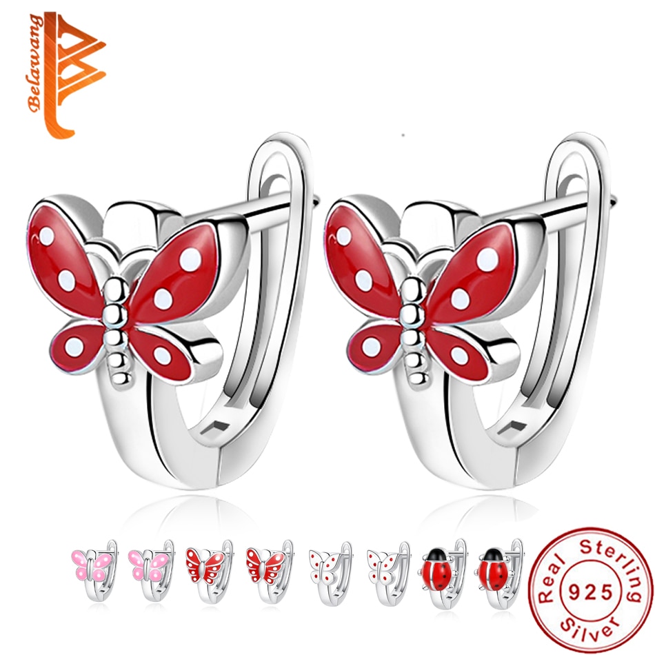 joyería de plata de ley 925 pendientes y pasadores con motivos animales para niños rojo esmalte mariposa pendientes de plata niño de día de San Valentín