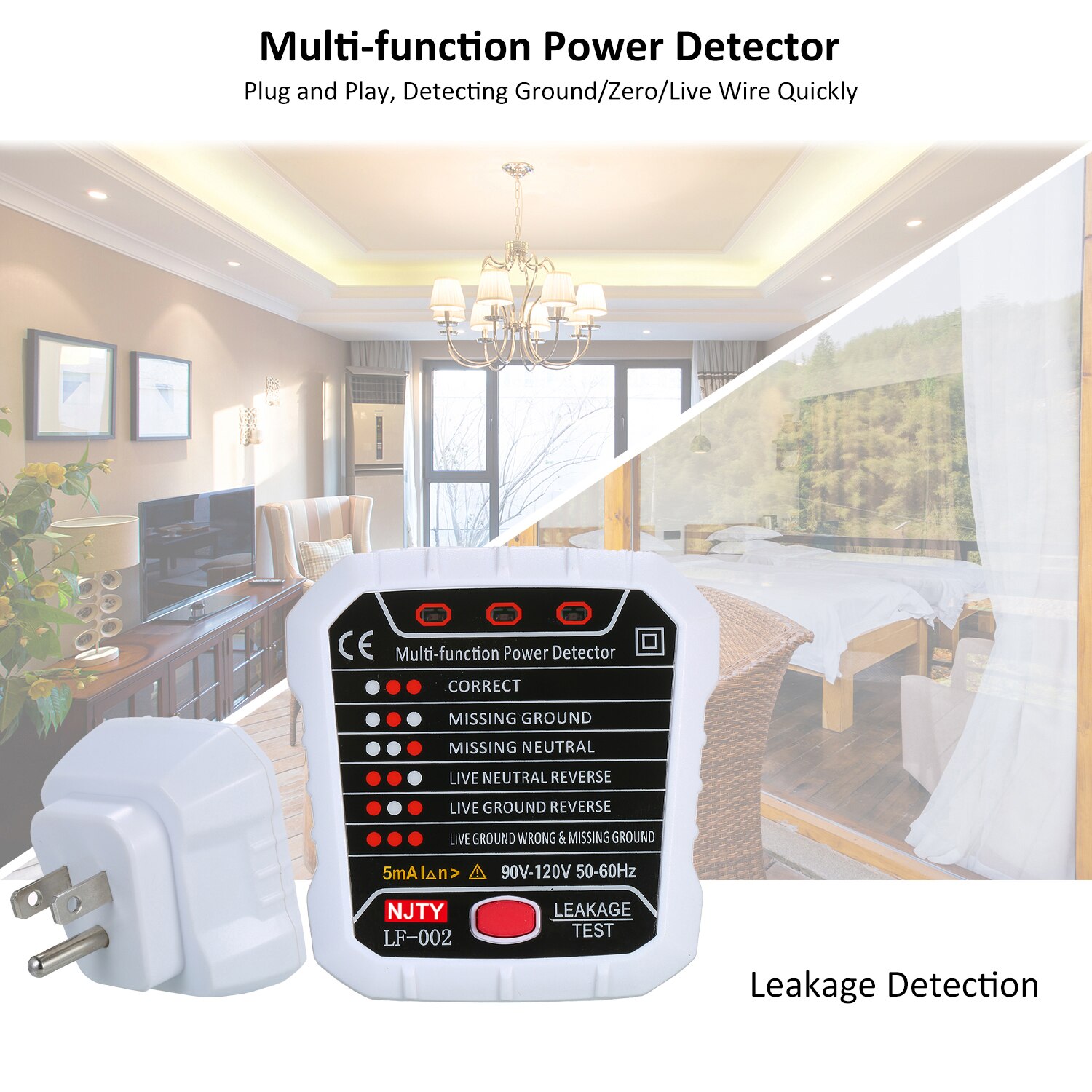 NJTY RCD Electric Socket Tester Automatic Neutral Live Earth Wire Polarity Detector US Plug Breaker Finder Electric Leakage Test