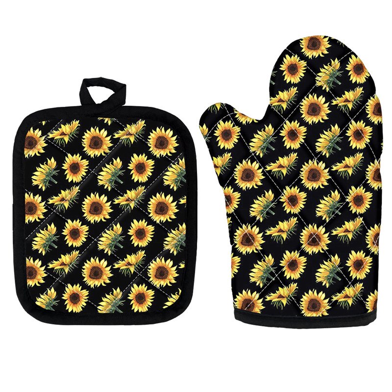 Golden Sunflowers Oven Mitts and Pot Holders Insulated Gloves for Cooking BBQ Baking Grilling Floral Style Kitchen Accessories: Z6035D19