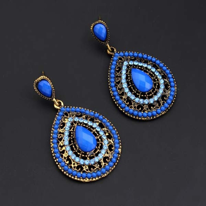 Exknl-pendientes largos de lujo para mujer, aretes colgantes de estilo étnico, Vintage, rojo, bohemio, grande, de cristal, azul, joyería de boda