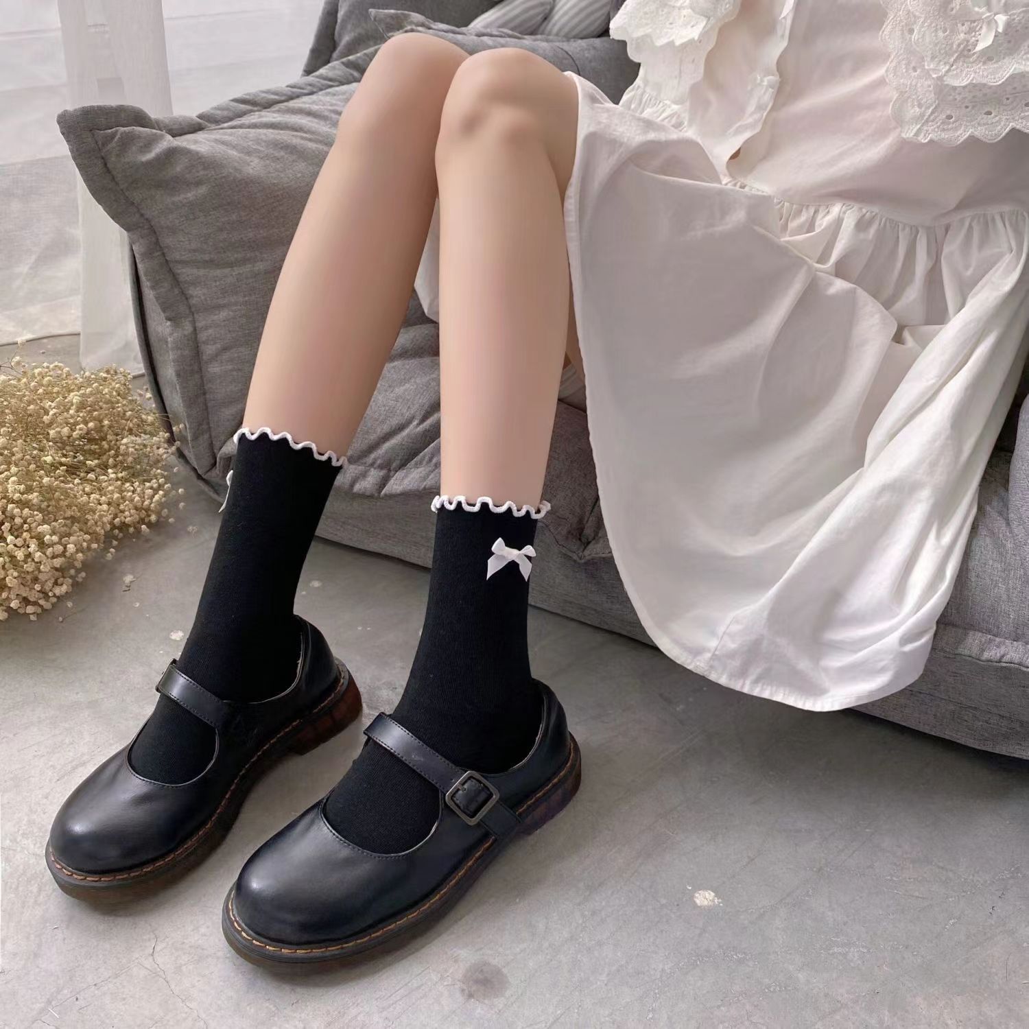 Calzini Donna In Pizzo Con Perle E Fiocchi - Stile Lolita College - Lunghezza Metà Polpaccio, Taglia Unica