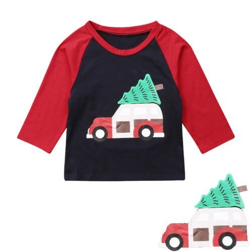 Autumn Kids Boys Christmas Elements Long Sleeve Patchwork T -Shirt Tree & Car Cotton Casual Red Tops Clothes