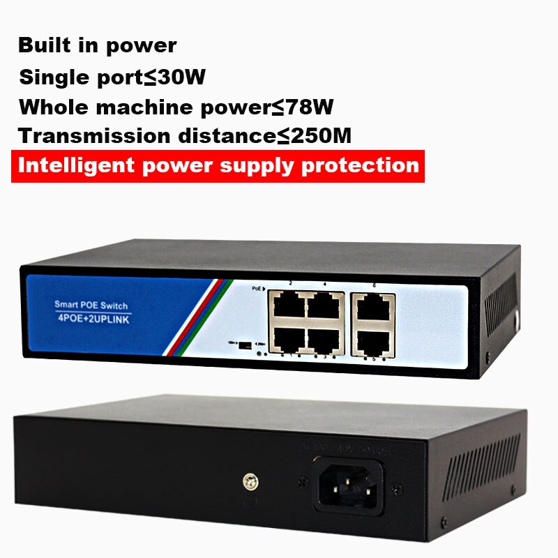 POE Switch 48V 4 Port with 2 Port Uplink Ethernet 78W Power 250M diatance IEEE 802.3 AF/AT for Network CCTV POE IP Cameras