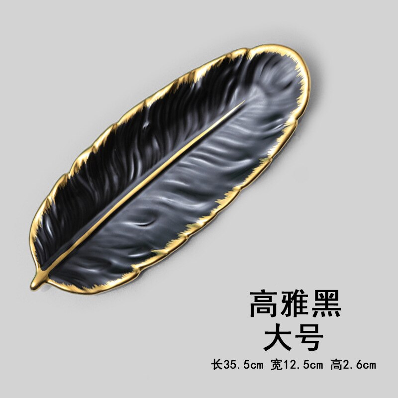 Nordic Light Luxury Gilt Edging Porcelain Dessert Plate Dark Green Feather Plate Japanese Banana Leaf Fruit Plate Dried Fruit: Dark Khaki