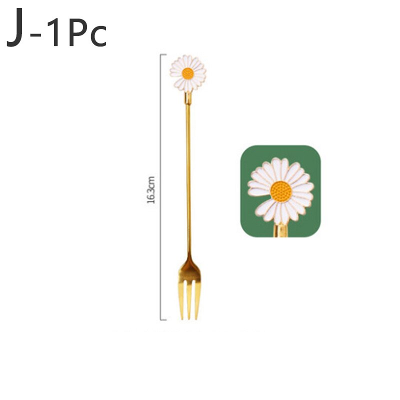 Cherry Blossom Daisy Pattern Spoon Fork Stainless Steel Thin Handle Tea Spoon Coffee Stirring Dessert Fork Tableware: J