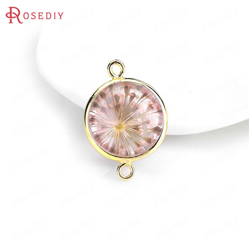 (C828)6 pieces 14x20mm 24K Gold Color Brass and Glass 2 Holes + Dried Flower Round Connect Charms Pendants Diy Jewelry Findings