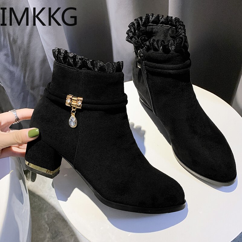 Bottines en dentelle à volants pour femme, chaussures courtes de soirée, élégantes, à talons hauts, Style anglais, chaudes, hiver