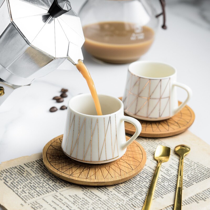 Nordic Keramische Lijn Gestreepte Koffie Cup Met Bamboe Schotel Creatieve Mini Afternoon Tea Koffiekopje Met Schotel En Lepel Drinkware