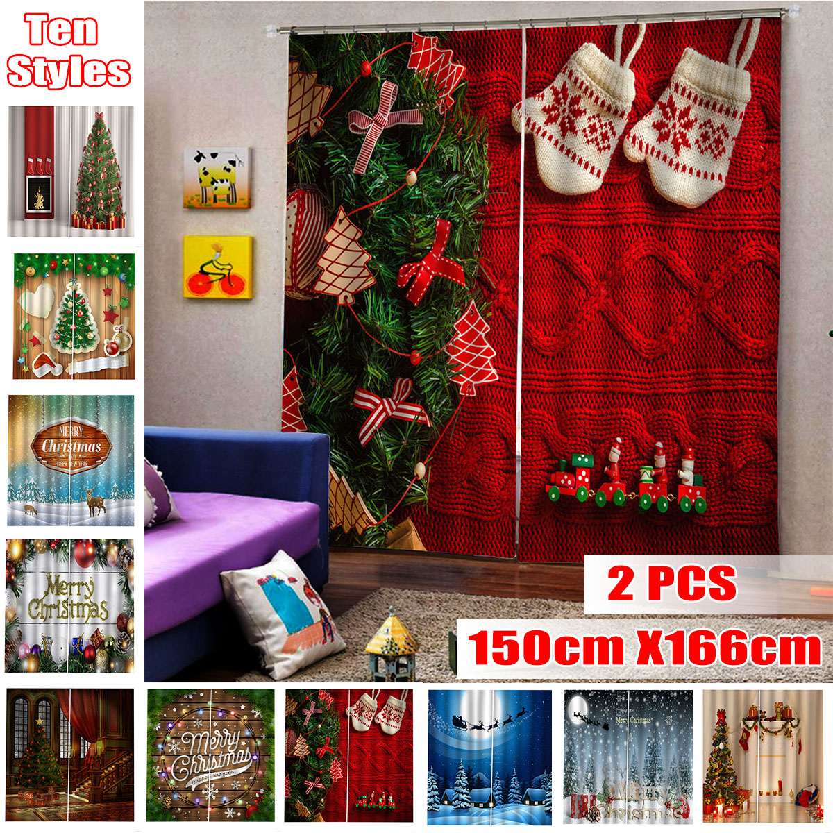 Cortinas navideñas de efecto 3D con ganchos, Juego de 2 paneles y 10 colores, cortinas de tela de poliéster para ventana, pantallas para puerta, decoración para el hogar