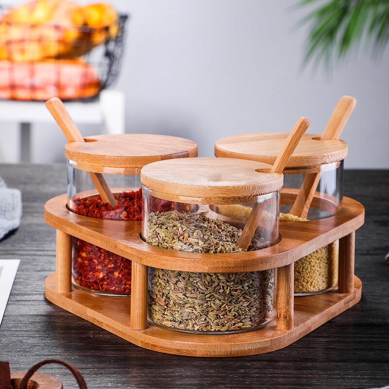 Juego de frascos de vidrio para condimentos con cuchara de bambú y cubierta de bambú, recipientes para condimentos y especias con etiqueta de especias